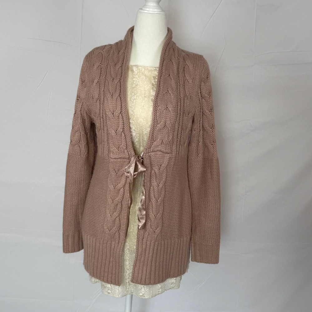 Apt 9 Soft Womens Mauve Pink Cable Knit Ribbon Tie Open Front Cardigan Sweater M